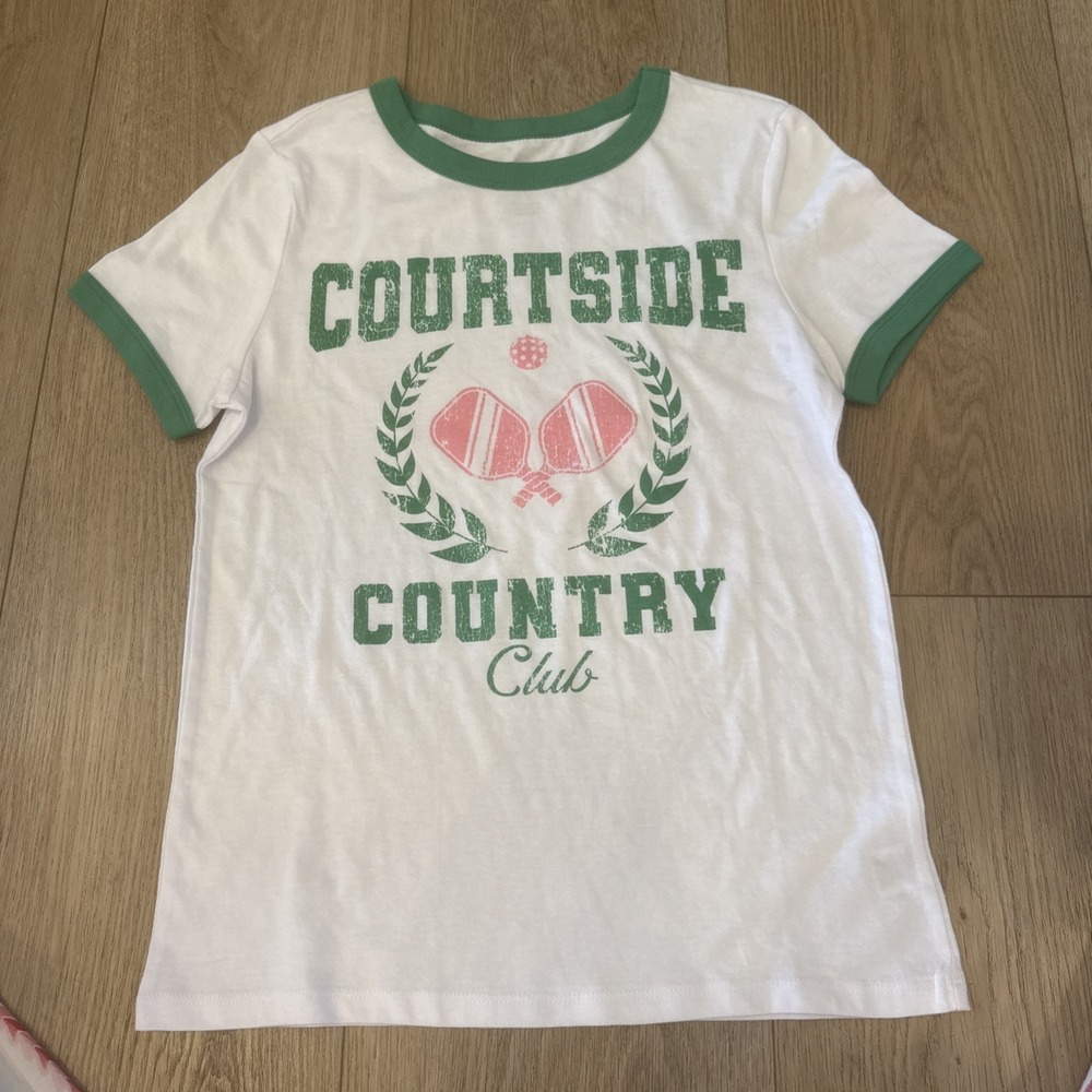 Women Size Small Courtside Country Club PicklebBall T-Shirt With Green Trim